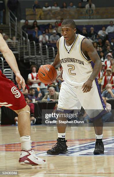 Nate Robinson of the University of Washington Huskies brings the ball upcourt during the 2005 Pacific Life Pac-10 Men's Basketball Tournament semi...