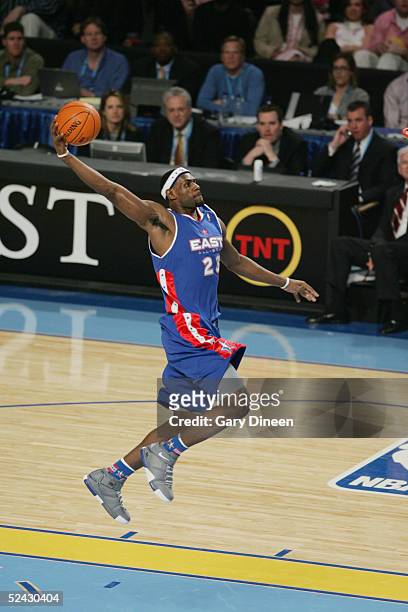 LeBron James of Eastern Conference All-Stars shoots against the Western Conference All-Stars in the 54th All-Star Game, part of 2005 NBA All-Star...
