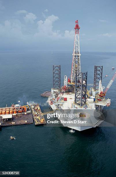 An oil drilling rig in the middle of Lake Maracaibo is owned by Maraven, a Venezuelan oil company operating on the lake.