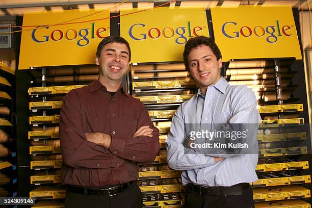 Larry Page , Co-Founder and President, Products, and Sergey Brin, Co-Founder and President, Technology, at Google's campus headquarters in Mountain...