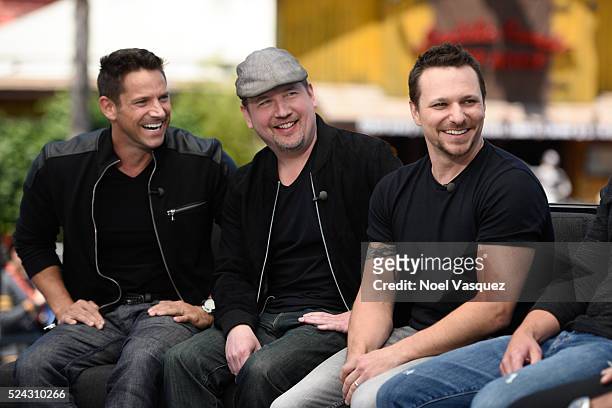 Jeff Timmons, Justin Jeffre and Drew Lachey of 98 Degrees visit "Extra" at Universal Studios Hollywood on April 25, 2016 in Universal City,...