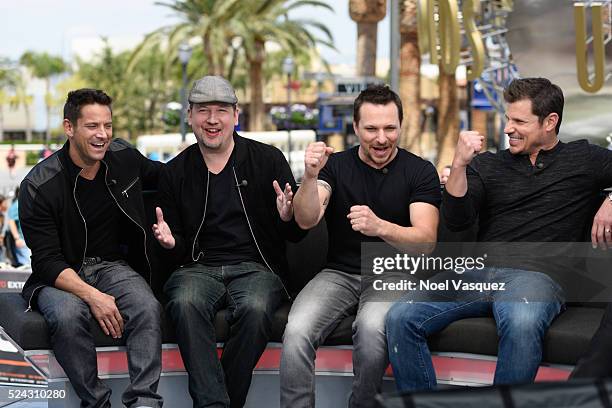 Jeff Timmons, Justin Jeffre, Drew Lachey and Nick Lachey of 98 Degrees visit "Extra" at Universal Studios Hollywood on April 25, 2016 in Universal...