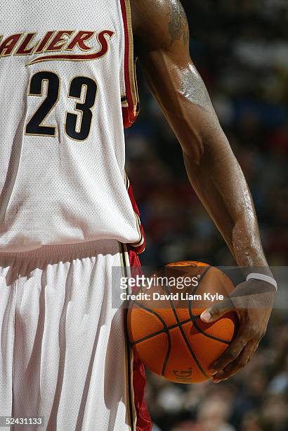 LeBron James of the Cleveland Cavaliers stands with the ball before a free throw during the game against the Utah Jazz on March 15, 2005 at Gund...