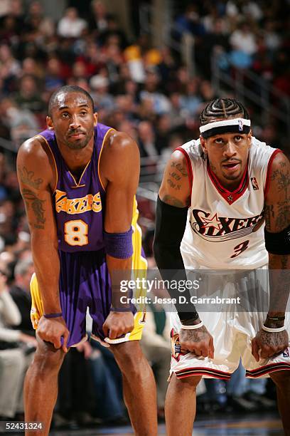 Allen Iverson of the Philadelphia 76ers against Kobe Bryant of the Los Angeles Lakers on March 15, 2005 at the Wachovia Center in Philadelphia,...
