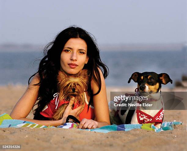 Fashion shoot for New York Dog Magazine - Francine with Baby, a Teacup Yorkie, and Jake, a Fox Terrier. Baby wears a soft mesh tank top by Puppia....
