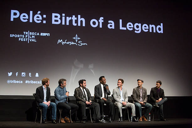 Retired soccer player Pele speaks on on a panel with Jeff Zimbalist writer and director, Michael Zimbalist writer and director, Diego Boneta, actor,...