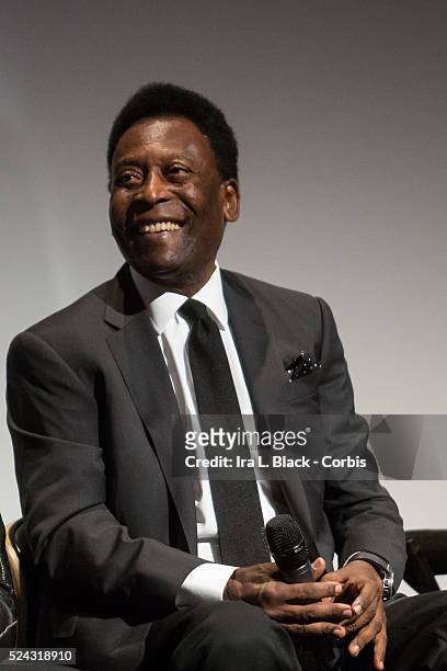Retired soccer player Pele speaks on on a panel with Jeff Zimbalist writer and director, Michael Zimbalist writer and director, Diego Boneta, actor,...