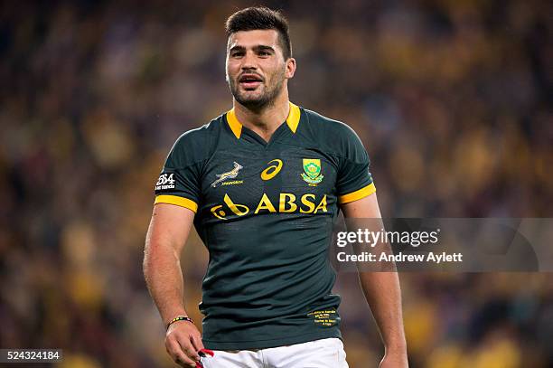 Damian De Allende of the Springboks looks on during The Rugby Championship match between the Australia Wallabies and South Africa Springboks at...