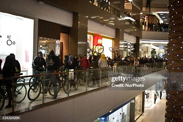 Students in bicycle protest inside the mall in the city, Costanera Center asking for free and quality education for all, on July 19, 2013. Photo:...