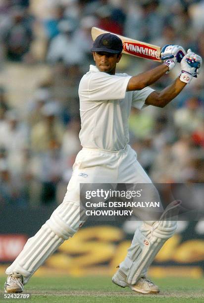 Indian cricketer batsman Rahul Dravid hits a boundary during the first day of the second Test match between India and Pakistan at Eden Gardens...