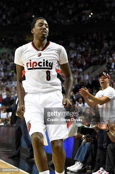 Al-Farouq Aminu of the Portland Trail Blazers looks over at the Los Angeles Clippers bench after hitting a three point shot in the fourth quarter of...