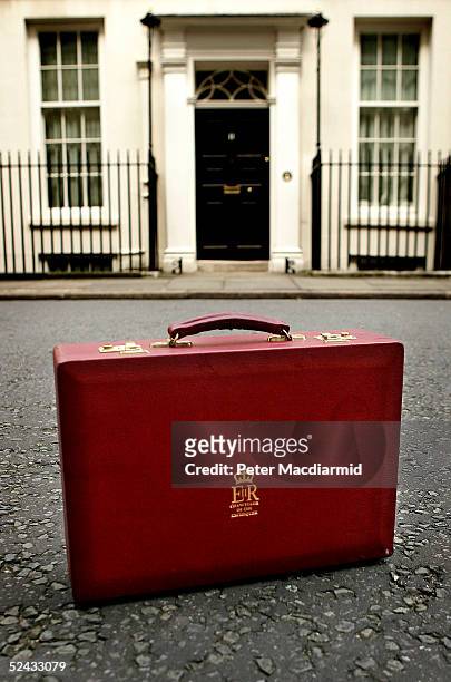Replica of British Chancellor Gordon Brown's cabinet briefcase stands outside number 11 Downing Street on March 16, 2005 in London. The Chancellor...