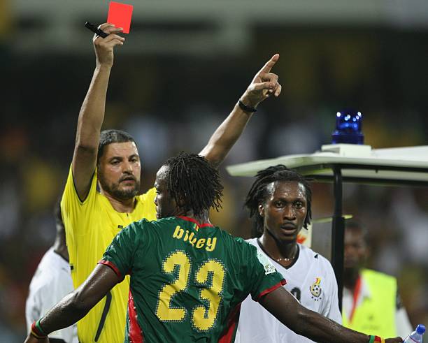 Andre Bikey sees the red card from the referee during the CAf African Cup of Nations Semimfinals match between Ghana and Cameroon in Accra, Ghana.