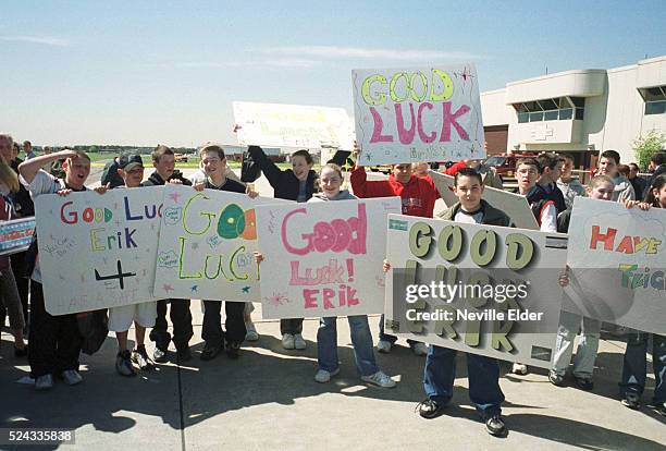 Well wishers from local high schools show messages of support for Erik Lindbergh before his flight. Erik, grandson of Charles Lindbergh, is...