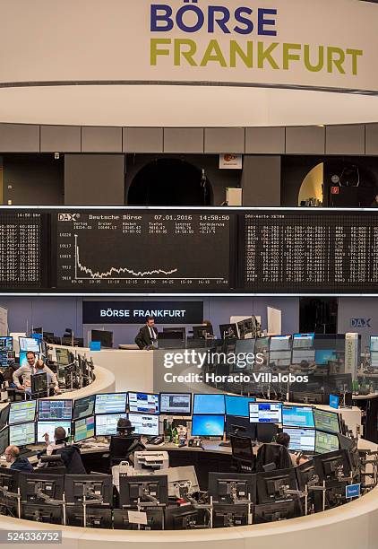 Chart shows a sharp fall during floor trading at the German Stock Exchange in Frankfurt, Germany, 07 January 2016. European shares fell 3 percent...