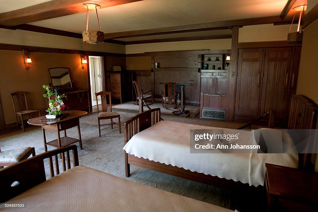 The master bedroom is photographed at the Gamble House, by architects ...