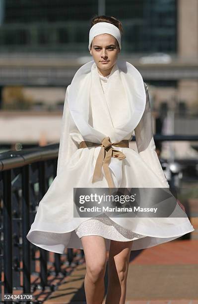 Model wears an outfit from the Spring/Summer 2008/2009 collection by designer Jayson Brunsdon at the Rosemount Australian Fashion Week at the...