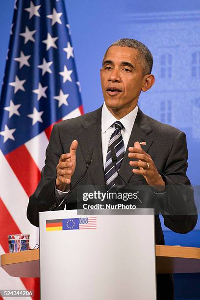 President Barack Obama is pictured during a news conference held with German Chancellor Angela Merkel at the Herrenhausen Palace in Hanover, Germany...