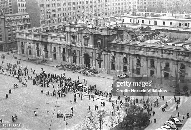 Presidential palace La Moneda at midafternoon, in the aftermath of the coup d'etat led by Commander of the Army General Augusto Pinochet.