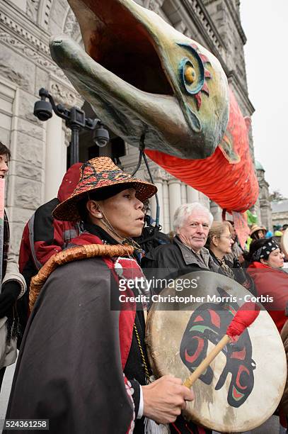 Protestors demonstrating against the proposed XL-Northern Gateway pipeline project, at the British Columbia Legislature building in Victoria. The...