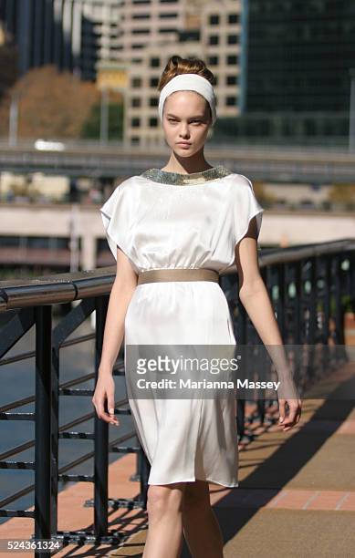 Model wears an outfit from the Spring/Summer 2008/2009 collection by designer Jayson Brunsdon at the Rosemount Australian Fashion Week at the...