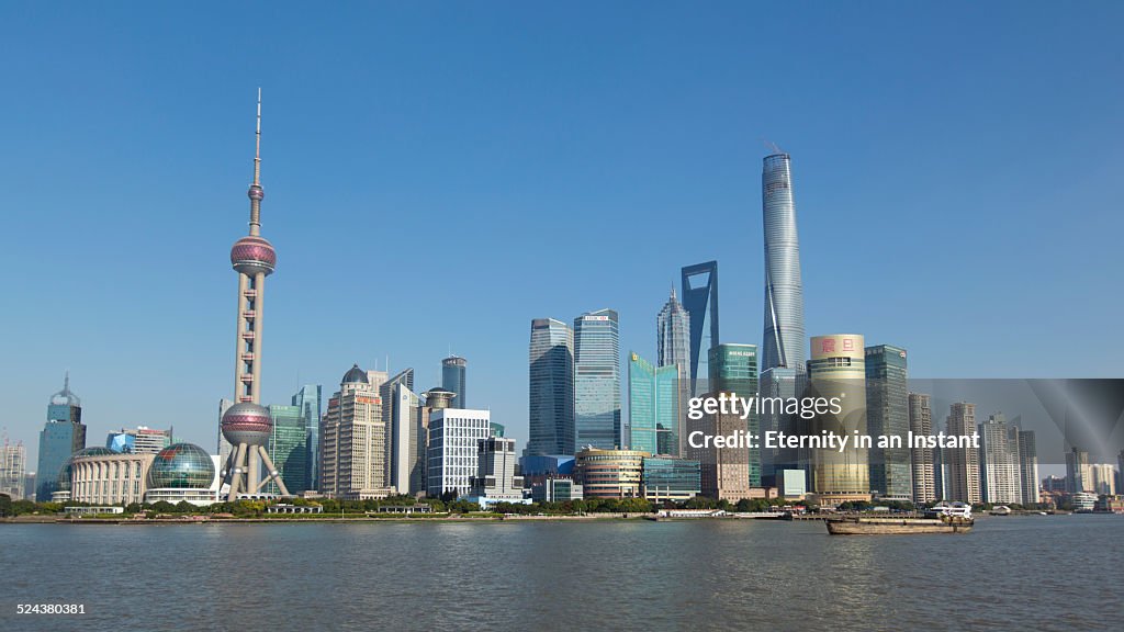 Shanghai skyline with blue sky, China