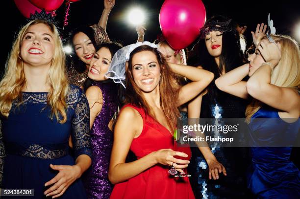 group of friends having fun on hen night out - girls night out stockfoto's en -beelden