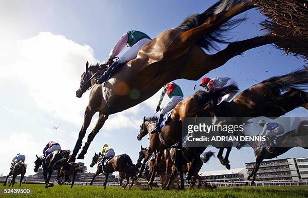 Horses jump a fence during the opening race, The Jewson Novice's Handicap Steeple Chase at The Cheltenham Festival 17 March 2005. King Harold won the...