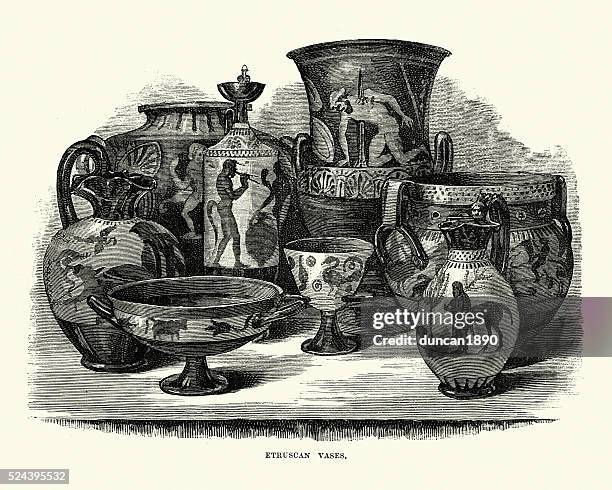 ancient etruscan vases - archaeology pottery stock illustrations