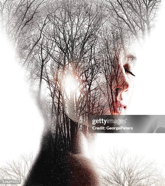 bildbanksillustrationer, clip art samt tecknat material och ikoner med multiple exposure  of woman enjoying forest - meditera