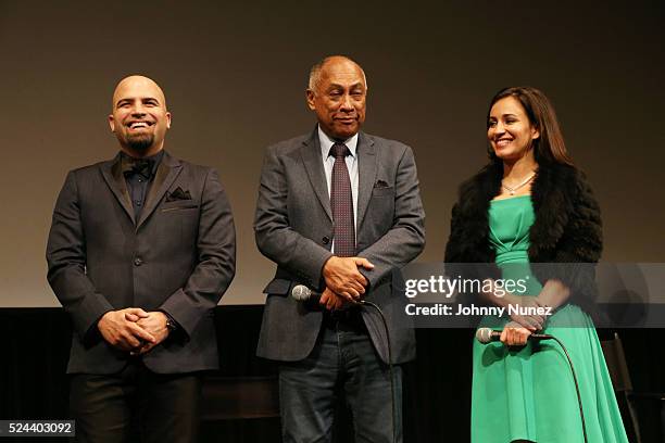 Producer Agustin, film director Rigoberto Lopez, and actess Sanaa Alaoui attend the "Vuelos Prohibidos" New York Premiere at Walter Reade Theater on...