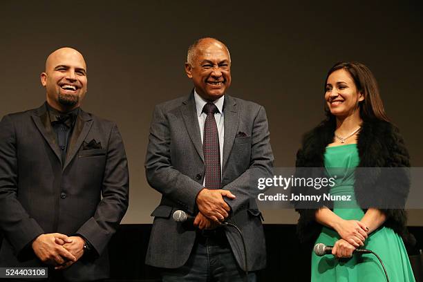 Producer Agustin, film director Rigoberto Lopez, and actess Sanaa Alaoui attend the "Vuelos Prohibidos" New York Premiere at Walter Reade Theater on...