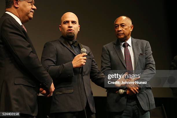 Former President of the Dominican Republic Leonel Fern��ndez, producer Agustin, and film director Rigoberto Lopez attend the "Vuelos Prohibidos" New...