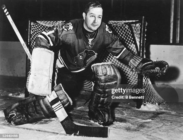 Goalie Glenn Hall of the Chicago Blackhawks poses for a portrait circa 1960's at Chicago Stadium in Chicago, Illinois.