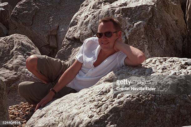 Cult comedian and TV presenter Vic Reeves on the beach near his home in Hythe, Folkestone.