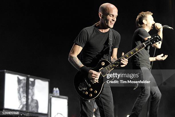 Zach Blair and Tim McIlrath of Rise Against perform as part of the 2010 Epicenter Music Festival at Auto Club Speedway in Fontana, California.