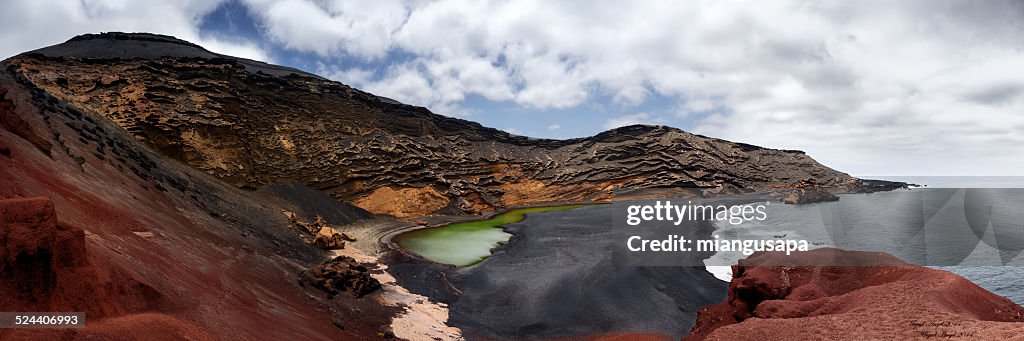 Panoramic landscape of the green lake of Lanzarote