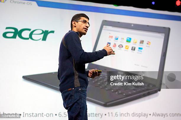 Sundar Pichai, senior vice president of Chrome at Google Inc., announces their new Chromebook line of laptops manufactured by Samsung Electronics Co....