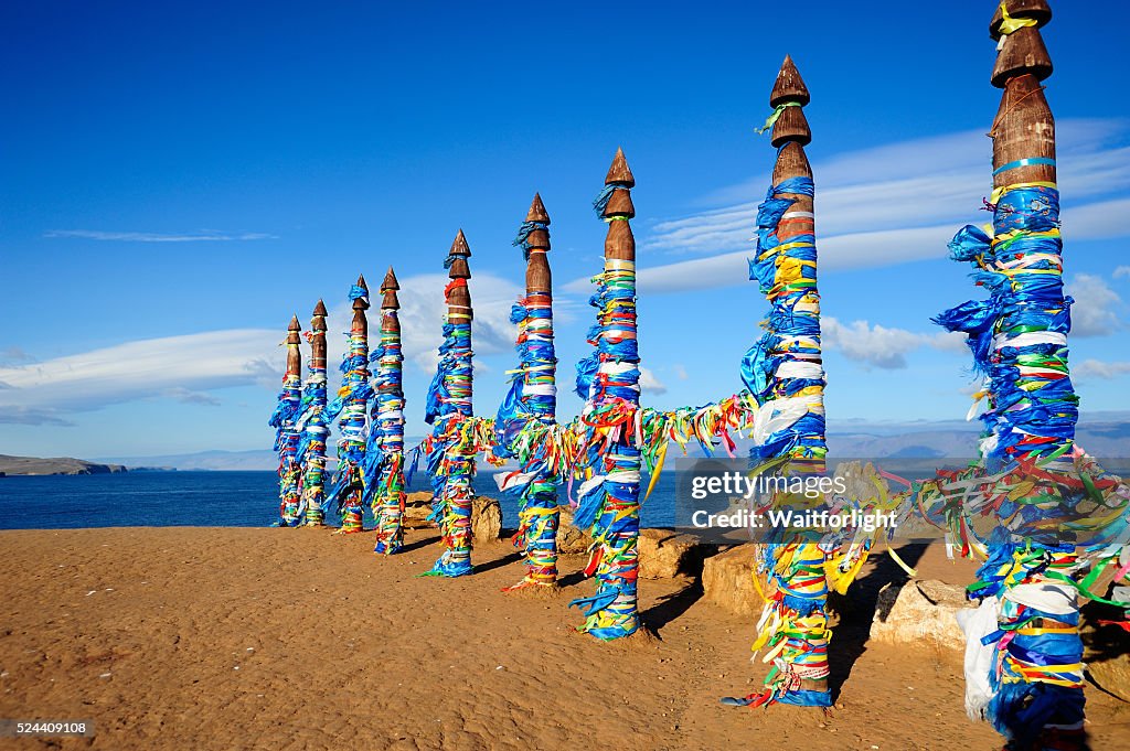 Traditional Buryat pagan sacred poles in the Olkhon Island