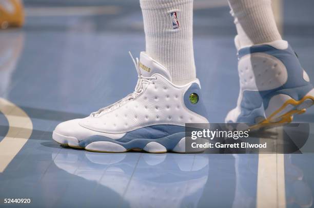 Detail of shoes belonging to Carmelo Anthony of the Denver Nuggets as he plays the Boston Celtics on February 23, 2005 at the Pepsi Center in Denver,...