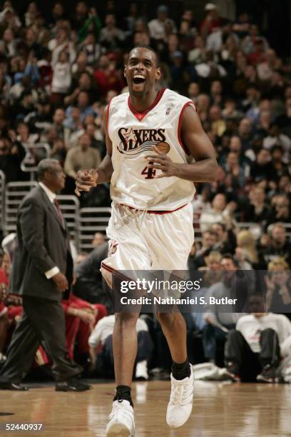 Chris Webber of the Philadelphia 76ers celebrates during the game against the Cleveland Cavaliers at Wachovia Center on March 4, 2005 in...