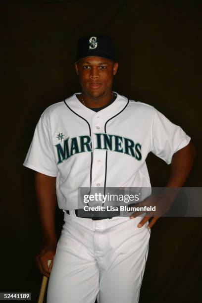 Adrian Beltre of the Seattle Mariners poses for a portrait during the Seattle Mariners Photo Day at Peoria Stadium on February 27, 2005 in Peoria,...