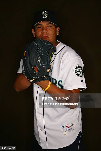 Felix Hernandez of the Seattle Mariners poses for a portrait during the Seattle Mariners Photo Day at Peoria Stadium on February 27, 2005 in Peoria,...