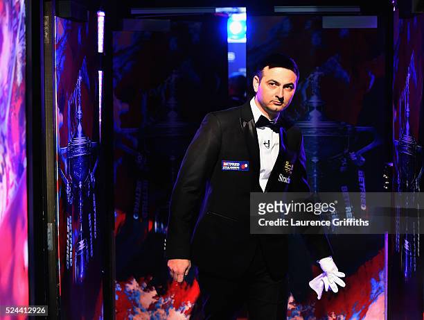 Referee Terry Camilleri walks backstage ahead of his match between Ding Junhui of China and Mark Williams of Wales on day eleven of the World...