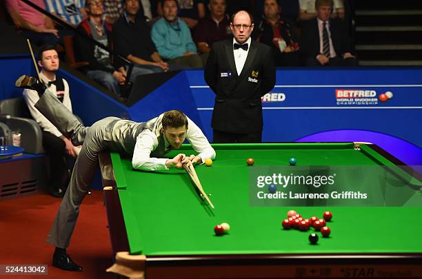 Mark Selby of England in action during his quarter final match against Kyren Wilson of England on day eleven of the World Championship Snooker at...