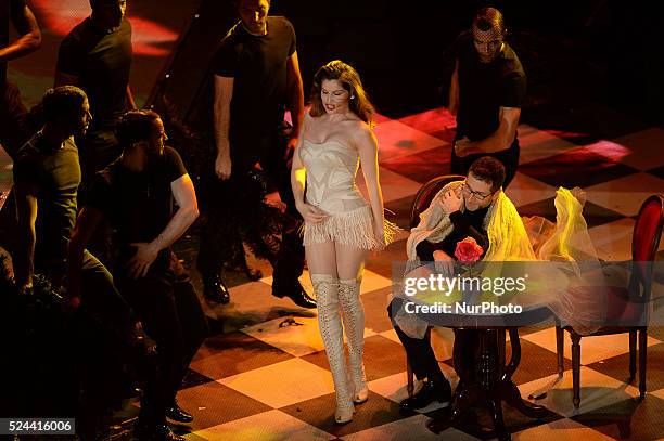 Fabio Fazio and Leatitia Casta attend the opening night of the 64rd Sanremo Song Festival at the Ariston Theatre on February 18, 2014 in Sanremo,...