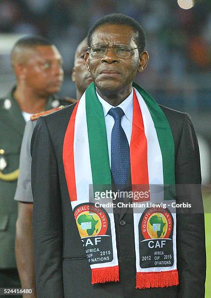 Guinea Equatorial President Teodoro Obiang Nguema before the 2015 Orange Africa Cup of Nations Final soccer match, Ivory Coast vs Ghana at Bata...