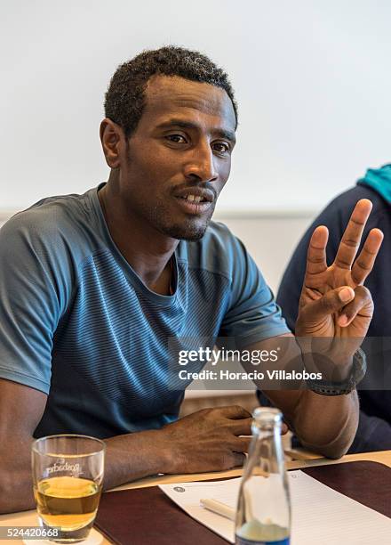 Ethiopian Sisay Lemma Kasaye, winner of the 34th Frankfurt Marathon, at the winners' press conference in Frankfurt, Germany, 26 October 2015, a day...