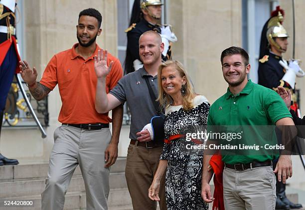 College student Anthony Sadler, U.S. Airman Spencer Stone, US ambassador to France Jane D. Hartley and US National Guardsman Alek Skarlatos arriving...