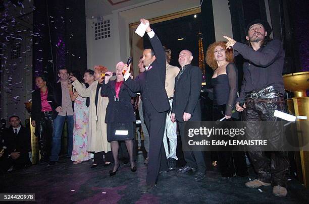 Pink TV CEO Pascal Houzelot, Line Renaud, Michel Blanc and Florent Pagny, at the launching ceremony of the first french gay channel "Pink TV".